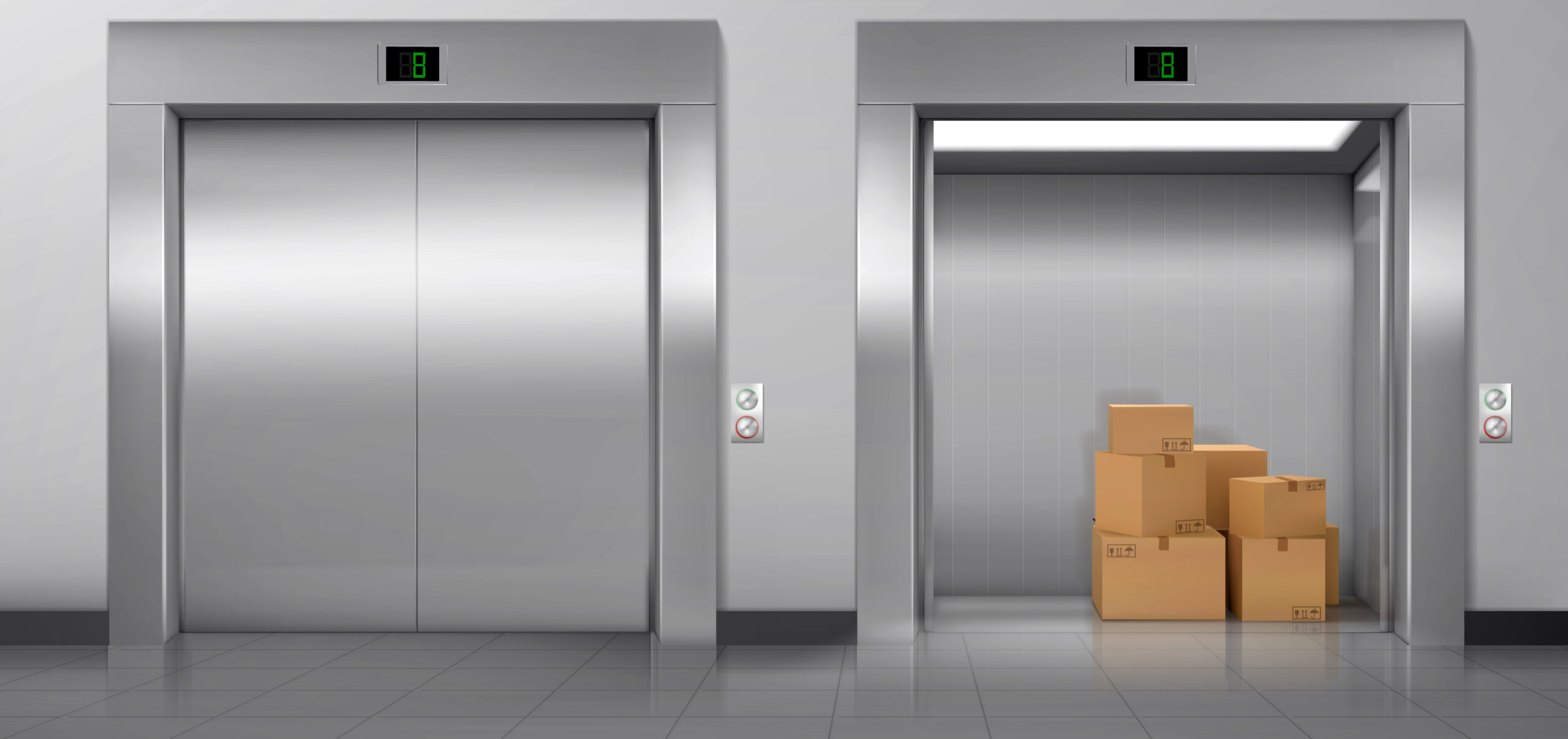 Cargo elevators with closed and open doors in hallway. Vector realistic empty modern interior with lifts, cardboard boxes in cabin, metal panel with buttons and floor display on wall
